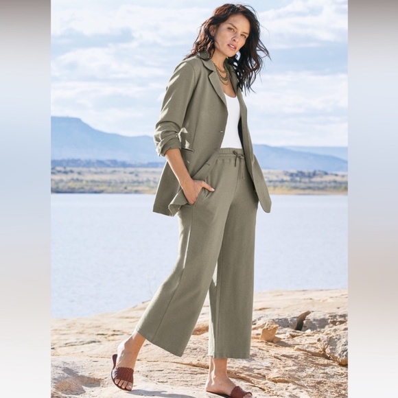 Peruvian Connection Avery Cropped Pants M Wide Leg Pull On Olive Boho Minimalist - Picture 1 of 13